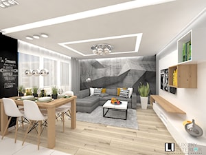 Mieszkanie 60 m2 Mińsk Mazowiecki - Średni biały czarny salon z jadalnią, styl skandynawski - zdjęcie od LUXURY INTERIOR