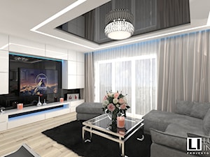 Salon z aneksem w mieszkaniu 70m2 - Duży czarny szary salon z tarasem / balkonem, styl nowoczesny - zdjęcie od LUXURY INTERIOR