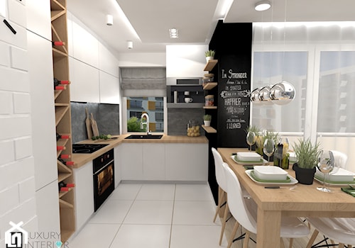 Mieszkanie 60 m2 Mińsk Mazowiecki - Średnia z salonem biała czarna szara z zabudowaną lodówką z podblatowym zlewozmywakiem kuchnia w kształcie litery l z oknem, styl skandynawski - zdjęcie od LUXURY INTERIOR