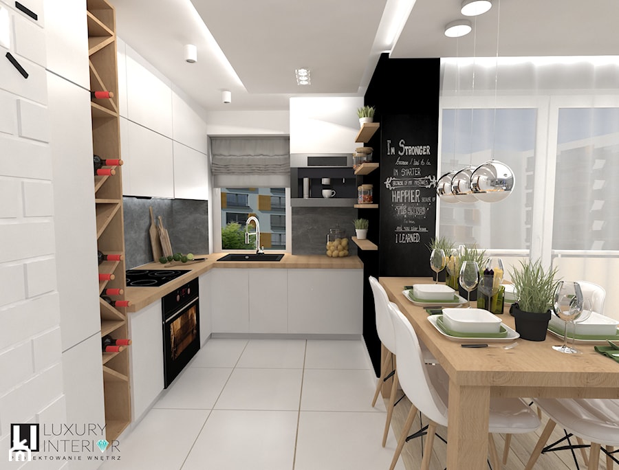 Mieszkanie 60 m2 Mińsk Mazowiecki - Średnia z salonem biała czarna szara z zabudowaną lodówką z podblatowym zlewozmywakiem kuchnia w kształcie litery l z oknem, styl skandynawski - zdjęcie od LUXURY INTERIOR