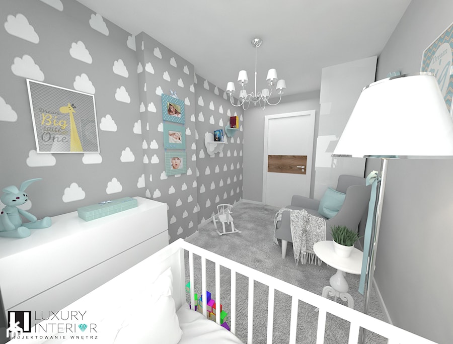 Mieszkanie 60 m2 Mińsk Mazowiecki - Średni szary pokój dziecka dla niemowlaka dla chłopca dla dziewczynki, styl skandynawski - zdjęcie od LUXURY INTERIOR