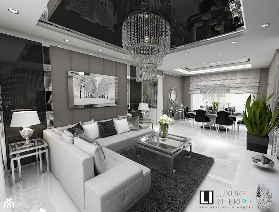 Duży czarny szary salon z jadalnią, styl glamour - zdjęcie od LUXURY INTERIOR