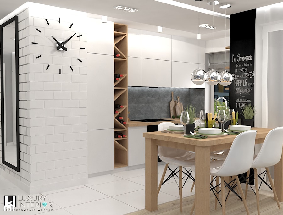 Mieszkanie 60 m2 Mińsk Mazowiecki - Mała otwarta biała szara z zabudowaną lodówką kuchnia w kształcie litery l z oknem, styl skandynawski - zdjęcie od LUXURY INTERIOR