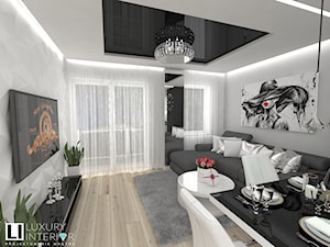 Mieszkanie 63 m2 - Średni biały salon z kuchnią z tarasem / balkonem, styl nowoczesny - zdjęcie od LUXURY INTERIOR