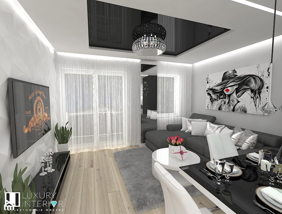 Mieszkanie 63 m2 - Średni biały salon z kuchnią z tarasem / balkonem, styl nowoczesny - zdjęcie od LUXURY INTERIOR