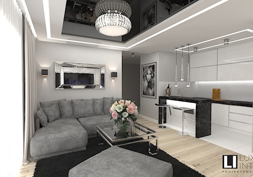 Salon z aneksem w mieszkaniu 70m2 - Średni szary salon z kuchnią z jadalnią, styl nowoczesny - zdjęcie od LUXURY INTERIOR