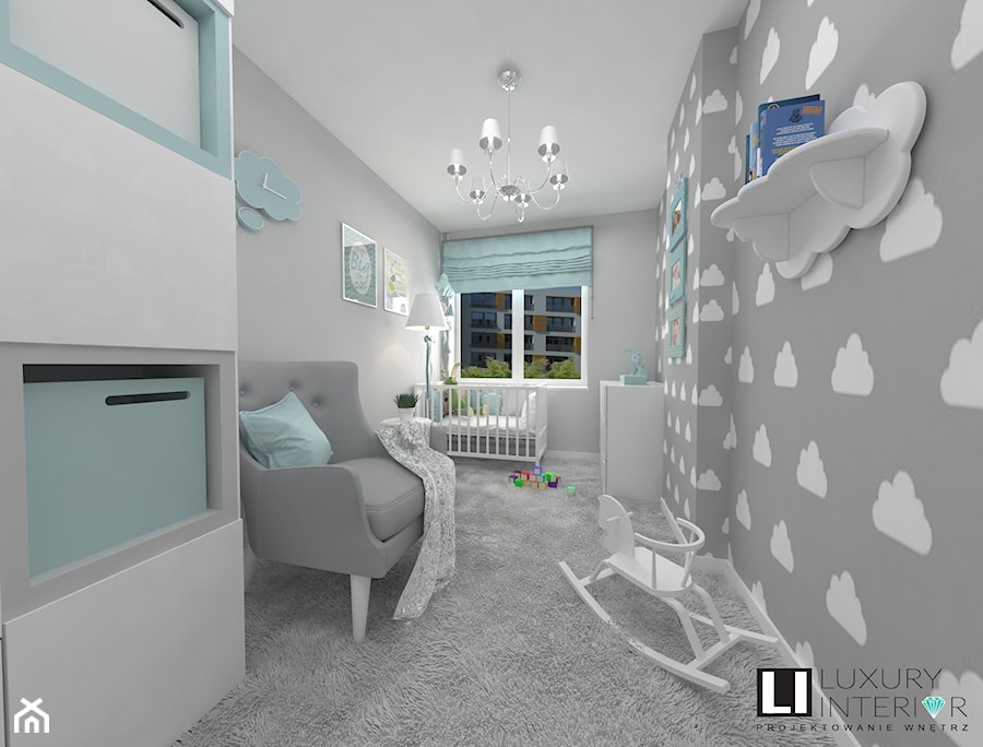 Mieszkanie 60 m2 Mińsk Mazowiecki - Duży szary pokój dziecka dla niemowlaka dla chłopca dla dziewczynki, styl skandynawski - zdjęcie od LUXURY INTERIOR