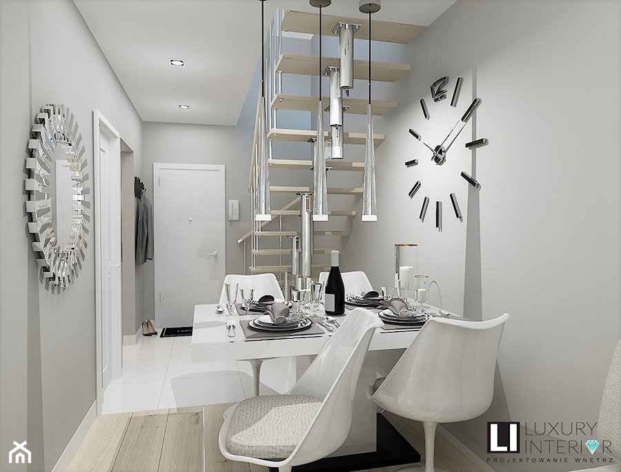 Salon w mieszkaniu dwupoziomowym - Średnia szara jadalnia, styl glamour - zdjęcie od LUXURY INTERIOR