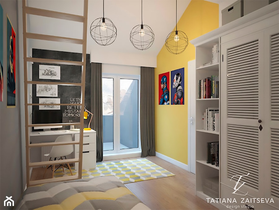 Designe wnętrza - Komfort - Średni biały żółty pokój dziecka dla nastolatka dla chłopca dla dziewczynki, styl nowoczesny - zdjęcie od Tz_interior