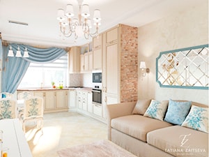 Projekt w stylu prowansalskim - Średni szary salon z kuchnią z jadalnią, styl tradycyjny - zdjęcie od Tz_interior