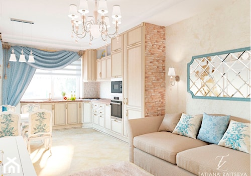 Projekt w stylu prowansalskim - Średni szary salon z kuchnią z jadalnią, styl tradycyjny - zdjęcie od Tz_interior
