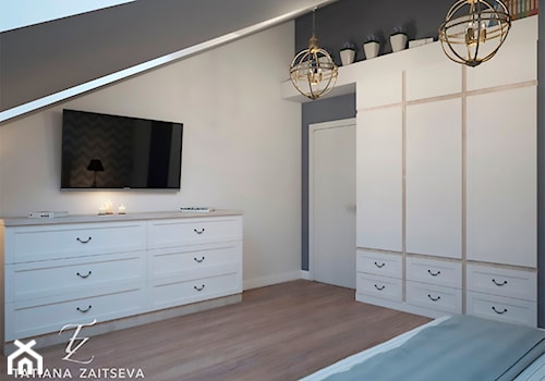 Designe wnętrza - Komfort - Średnia beżowa szara sypialnia na poddaszu, styl nowoczesny - zdjęcie od Tz_interior