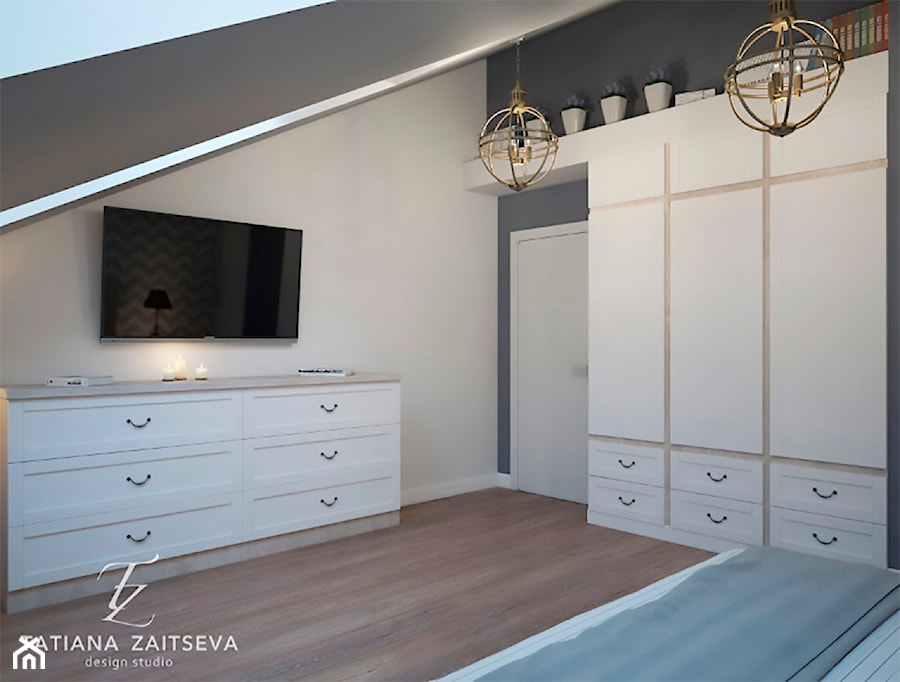 Designe wnętrza - Komfort - Średnia beżowa szara sypialnia na poddaszu, styl nowoczesny - zdjęcie od Tz_interior