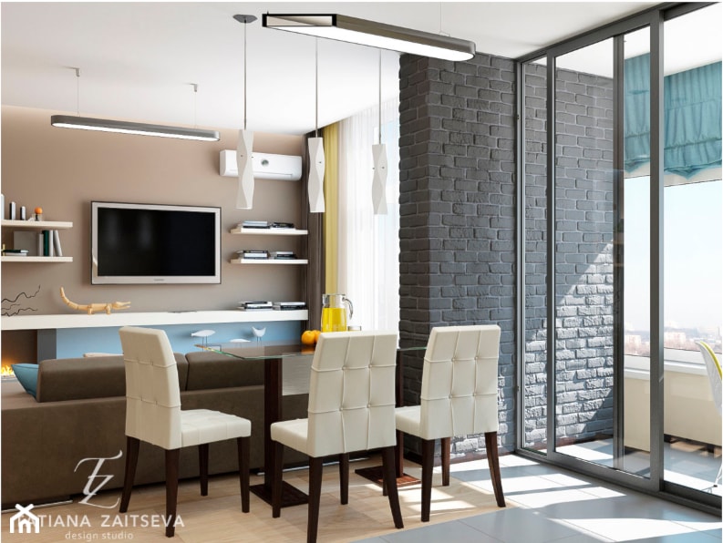 Design projekt w nowoczesnym stylu - Średnia beżowa niebieska jadalnia w salonie - zdjęcie od Tz_interior