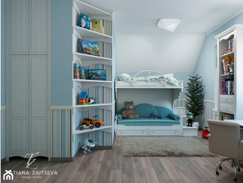 Projekt mieszkania - Średni biały niebieski pokój dziecka dla dziecka dla chłopca dla dziewczynki dla rodzeństwa, styl prowansalski - zdjęcie od Tz_interior
