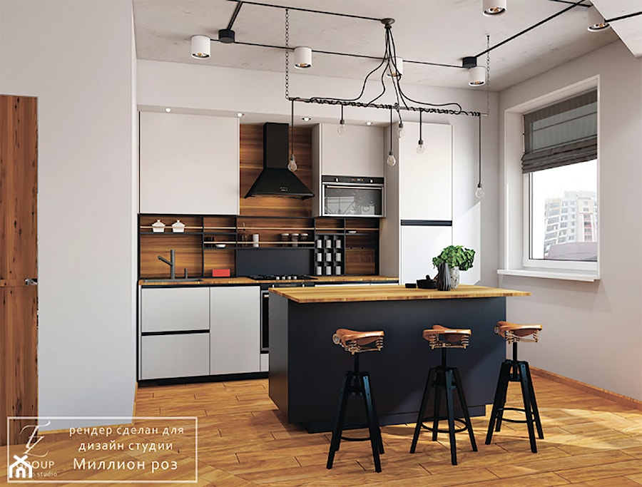 Design project - Loft - Średnia otwarta beżowa z zabudowaną lodówką z nablatowym zlewozmywakiem kuchnia jednorzędowa z wyspą lub półwyspem z oknem - zdjęcie od Tz_interior