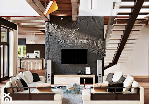 Designe domu - wnętrze w stylu EKO - Duży biały czarny salon z kuchnią z jadalnią, styl glamour - zdjęcie od Tz_interior