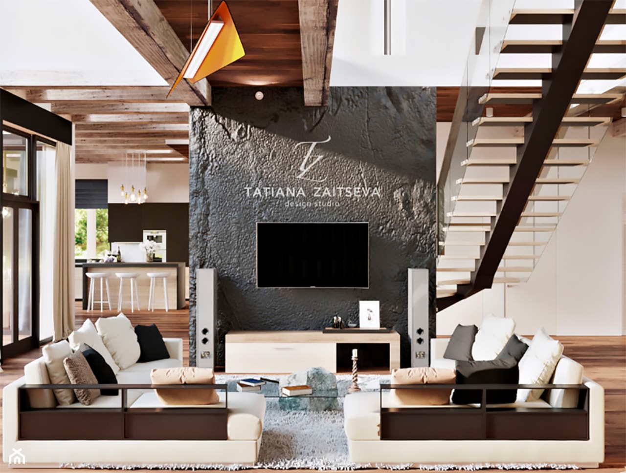 Designe domu - wnętrze w stylu EKO - Duży biały czarny salon z kuchnią z jadalnią, styl glamour - zdjęcie od Tz_interior - Homebook