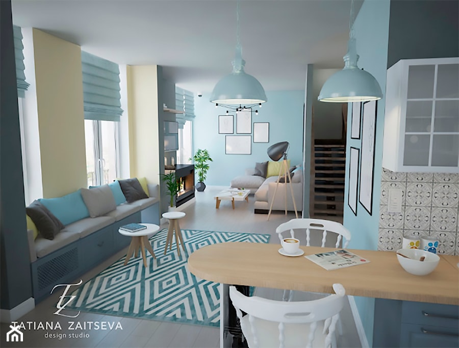 Designe wnętrza - Komfort - Średnia otwarta beżowa niebieska szara z zabudowaną lodówką kuchnia jednorzędowa z oknem, styl nowoczesny - zdjęcie od Tz_interior