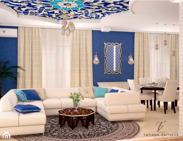Proekt w stylu art deco - Duży biały niebieski salon z jadalnią, styl glamour - zdjęcie od Tz_interior