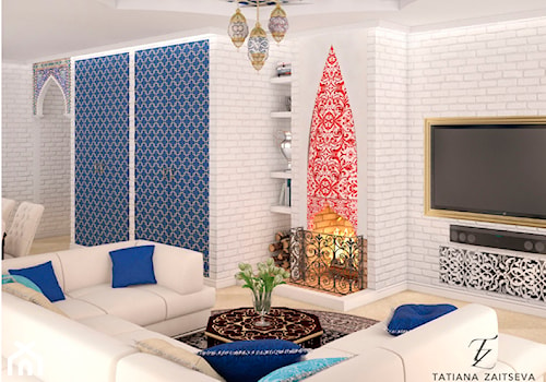 Proekt w stylu art deco - Mały biały niebieski salon z jadalnią, styl glamour - zdjęcie od Tz_interior