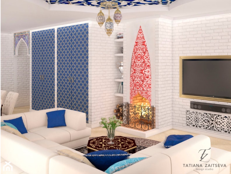 Proekt w stylu art deco - Mały biały niebieski salon z jadalnią, styl glamour - zdjęcie od Tz_interior
