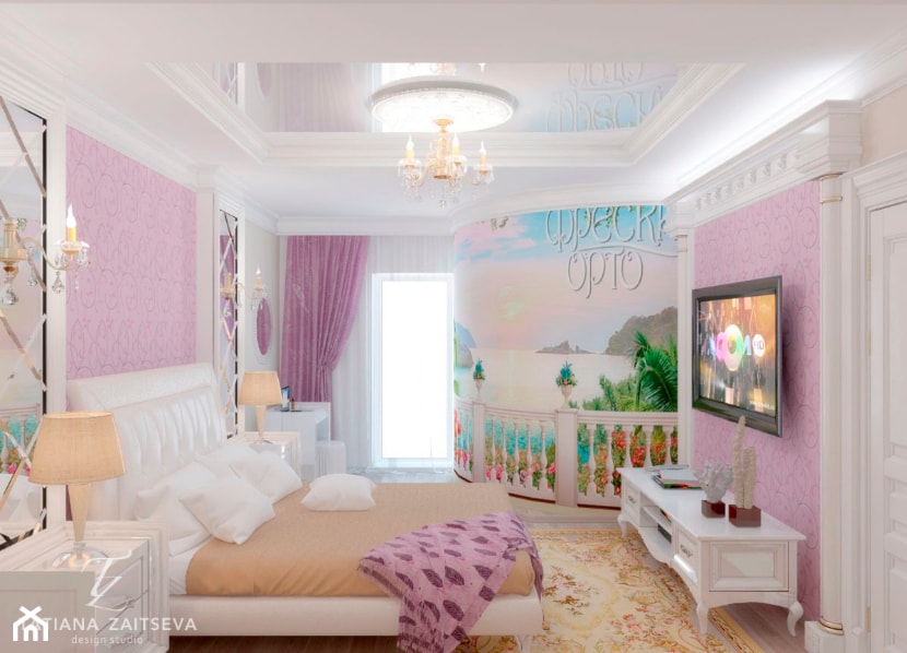 Projekt w stylu prowansalskim - Średnia beżowa różowa szara sypialnia, styl glamour - zdjęcie od Tz_interior - Homebook