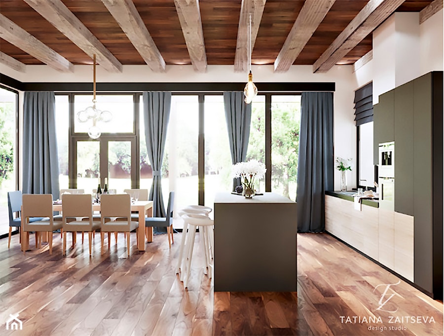 Designe domu - wnętrze w stylu EKO - Średnia otwarta z salonem biała z zabudowaną lodówką kuchnia dwurzędowa z wyspą lub półwyspem z oknem, styl glamour - zdjęcie od Tz_interior