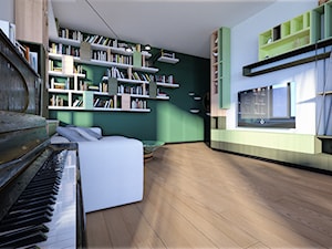 Projekt wnętrz mieszkania w Gdańsku, 90mkw - Średni biały zielony salon z bibiloteczką - zdjęcie od Marta Koniczuk Pracownia Architektury Wnętrz