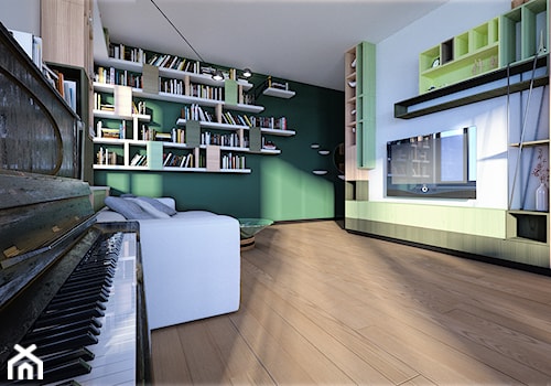 Projekt wnętrz mieszkania w Gdańsku, 90mkw - Średni biały zielony salon z bibiloteczką - zdjęcie od Marta Koniczuk Pracownia Architektury Wnętrz