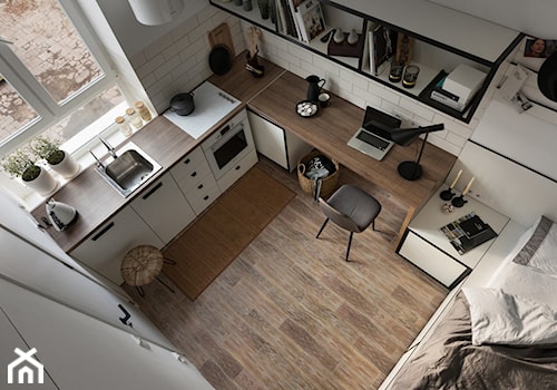 Mniej znaczy więcej - Mały szary salon z kuchnią - zdjęcie od Homebook Design