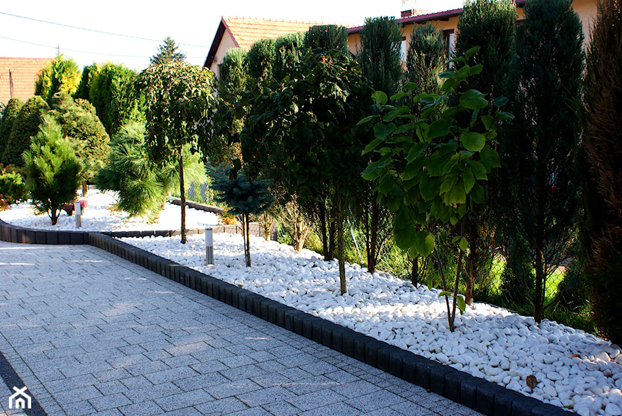 Ogród Thassos - Średni z nawierzchnią pokrytą kostką brukową ogród - zdjęcie od Skalite Kamień