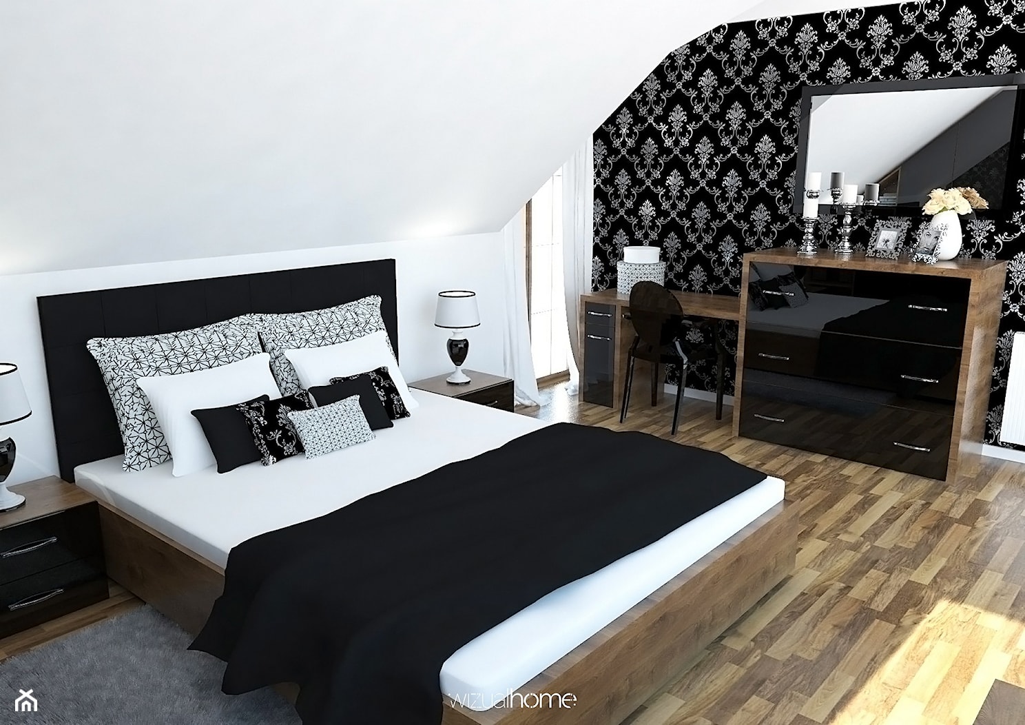 Projekt sypialni w czarnym połysku - zdjęcie od WIZUALHOME - Homebook