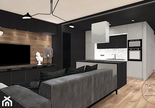 W MĘSKIM STYLU - Średni czarny salon z kuchnią z jadalnią, styl minimalistyczny - zdjęcie od MANIANAstudio