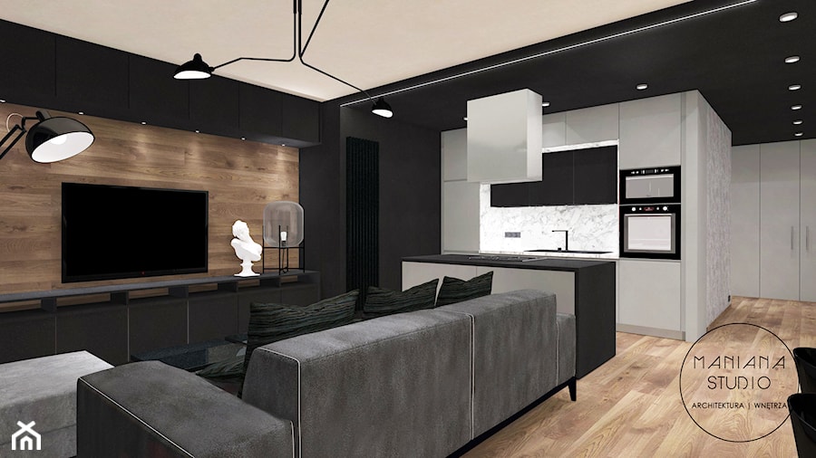 W MĘSKIM STYLU - Średni czarny salon z kuchnią z jadalnią, styl minimalistyczny - zdjęcie od MANIANAstudio