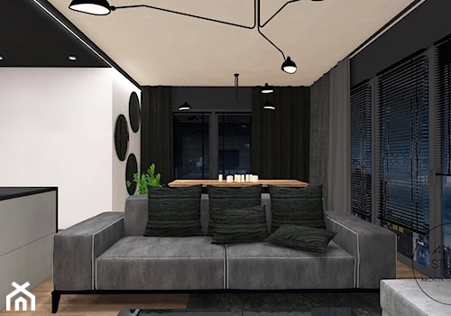 W MĘSKIM STYLU - Mały czarny szary salon z kuchnią z jadalnią, styl minimalistyczny - zdjęcie od MANIANAstudio