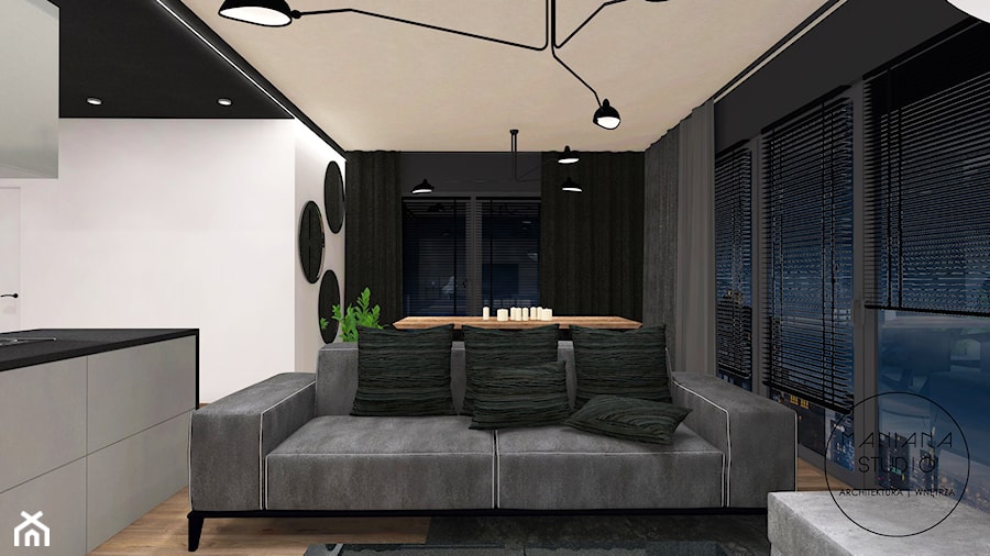 W MĘSKIM STYLU - Mały czarny szary salon z kuchnią z jadalnią, styl minimalistyczny - zdjęcie od MANIANAstudio