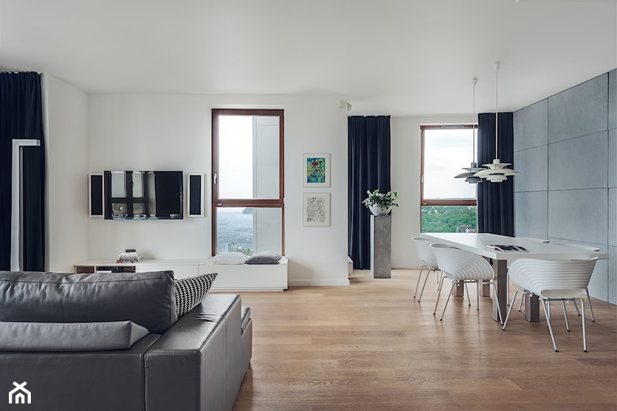 Sea Towers Nordic Apartment | REALIZACJA - Średni biały salon z jadalnią, styl nowoczesny - zdjęcie od GSG STUDIO | interiors & design