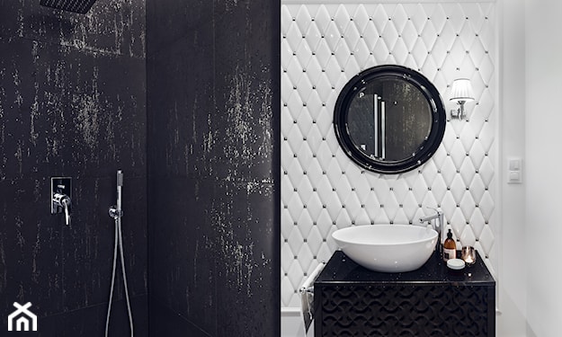 czarno biała łazienka glamour z prysznicem