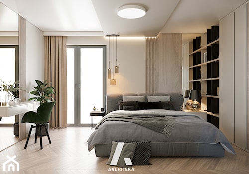 | PRZYDYMIONE WNĘTRZE | - Duża beżowa biała sypialnia z balkonem / tarasem, styl nowoczesny - zdjęcie od | ARCHITEKA |