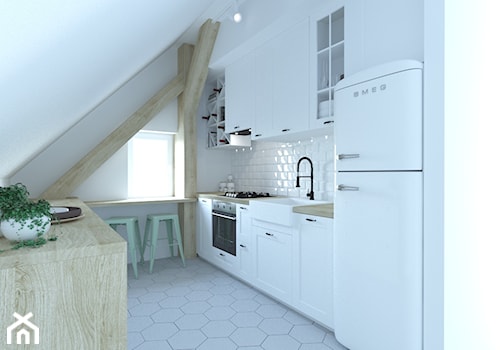 Mieszkanie w Oleśnicy 86m2 - Średnia zamknięta biała z zabudowaną lodówką z nablatowym zlewozmywakiem kuchnia w kształcie litery u z oknem, styl skandynawski - zdjęcie od 3droom