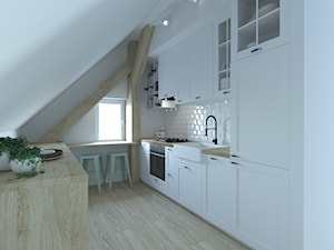 Mieszkanie w Oleśnicy 86m2 - Średnia otwarta z salonem biała z zabudowaną lodówką z nablatowym zlewozmywakiem kuchnia jednorzędowa z oknem, styl skandynawski - zdjęcie od 3droom