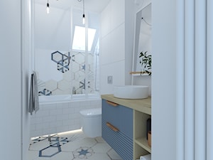 Mieszkanie w Oleśnicy 86m2 - Mała na poddaszu z lustrem łazienka z oknem, styl skandynawski - zdjęcie od 3droom