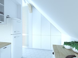 Mieszkanie w Oleśnicy 86m2 - Średnia otwarta z salonem biała z zabudowaną lodówką z lodówką wolnostojącą kuchnia dwurzędowa, styl skandynawski - zdjęcie od 3droom