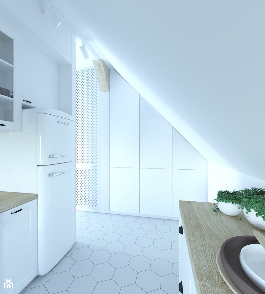 Mieszkanie w Oleśnicy 86m2 - Średnia otwarta z salonem biała z zabudowaną lodówką z lodówką wolnostojącą kuchnia dwurzędowa, styl skandynawski - zdjęcie od 3droom