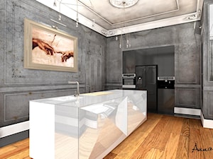 projekt pokazowy - KAMIENICA - Duża otwarta z salonem szara z zabudowaną lodówką z lodówką wolnostojącą z nablatowym zlewozmywakiem kuchnia jednorzędowa z wyspą lub półwyspem, styl nowoczesny - zdjęcie od conceptforhome