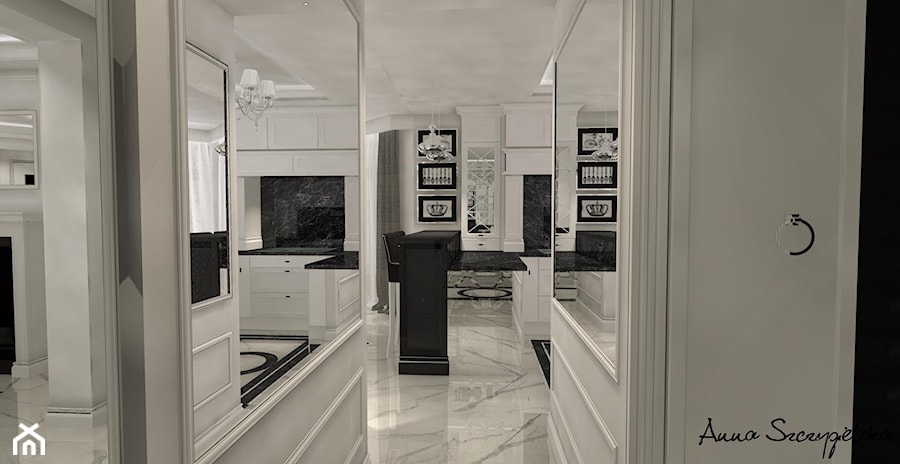 parter domu w stylu glamour - Średnia otwarta z salonem z kamiennym blatem biała z zabudowaną lodówką kuchnia z wyspą lub półwyspem z marmurem nad blatem kuchennym z marmurową podłogą, styl glamour - zdjęcie od conceptforhome