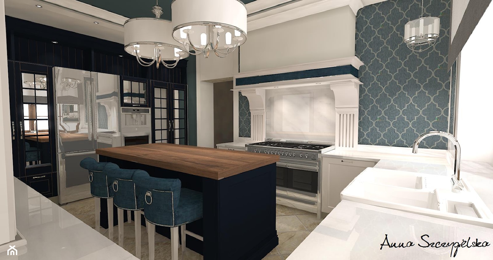 klasyka w kuchni - Duża zamknięta biała niebieska szara z zabudowaną lodówką z lodówką wolnostojącą kuchnia w kształcie litery u z wyspą lub półwyspem z oknem, styl tradycyjny - zdjęcie od conceptforhome - Homebook
