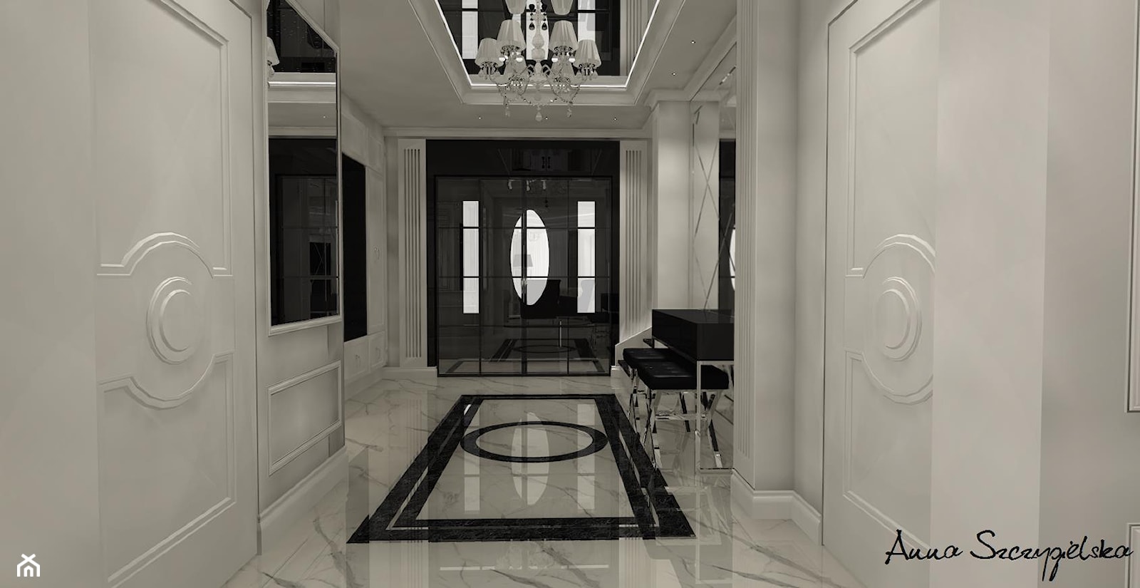parter domu w stylu glamour - Średni biały z marmurem na podłodze hol / przedpokój, styl glamour - zdjęcie od conceptforhome - Homebook