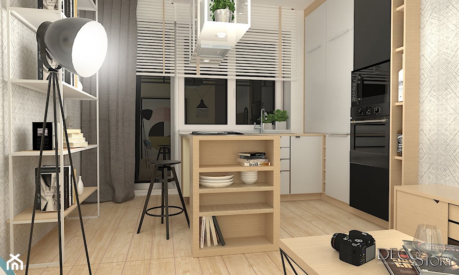 kolorowy salon z kuchnią i sypialnia - Kuchnia, styl skandynawski - zdjęcie od Decostory projekty wnętrz, konsultacje oraz szybkie metamorfozy